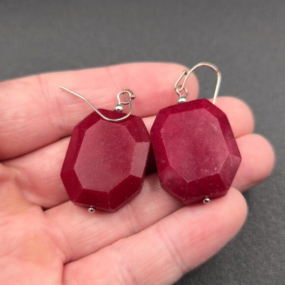 Silver Over Copper Large Red Faceted Stone Earrings A6094 - Picture 3 of 5